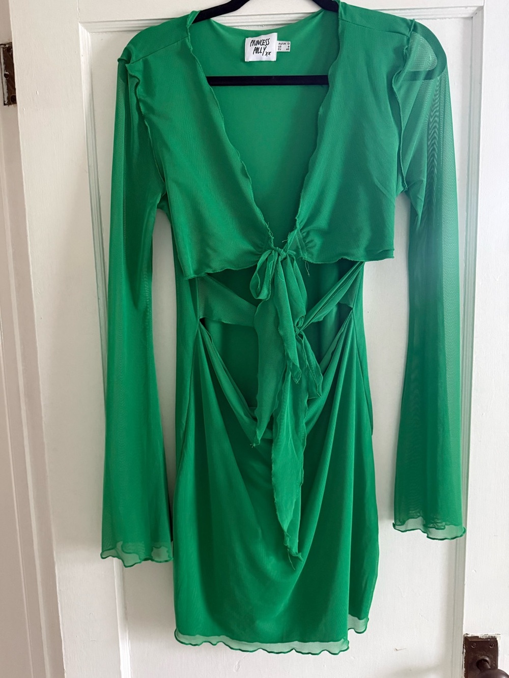 Princess Polly Emerald Green Tie-Front Mesh Cutout Dress